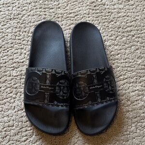Salvatore Ferragamo Black Patterned Casual Slides